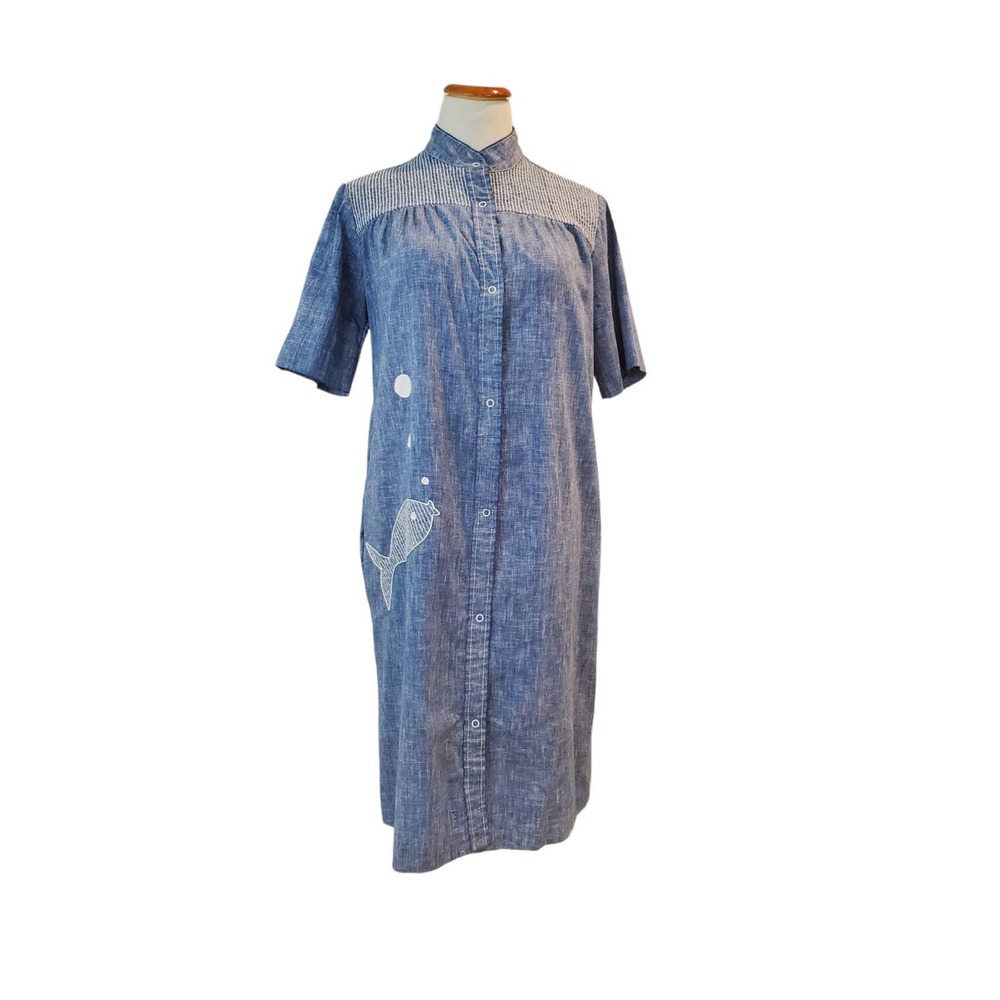 Vintage 80s Light Demin Fish Design 1980s Cottage Core Dress